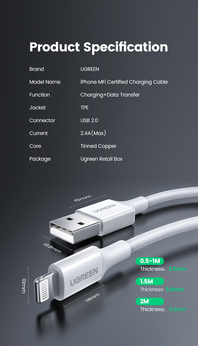 Cáp sạc & truyền dữ liệu Ugreen USB-A sang Lightning ABS US155
